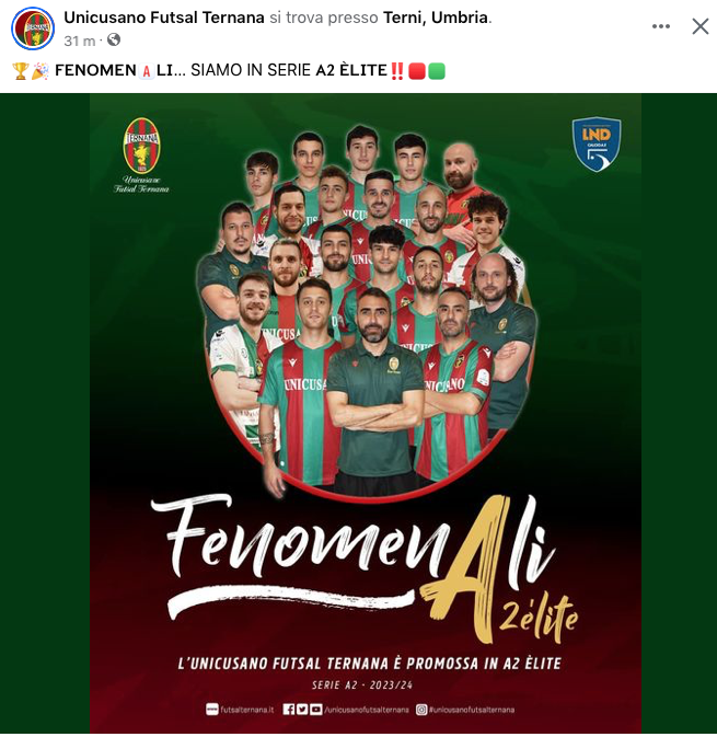 TERNANA FUTSAL UNICUSANO E’ SERIE A2 ELITE